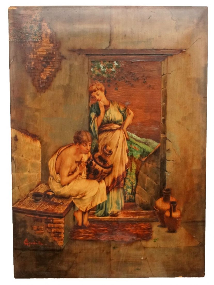 Michele Grandville Signed Inlaid Panel Neo Classical: Large, fine quality Sorrento painted and marquetry work panel from the studio of Michele Grandville. The back braced panel depicts a classical beauty decorating an amphora as her friend watches. Signe