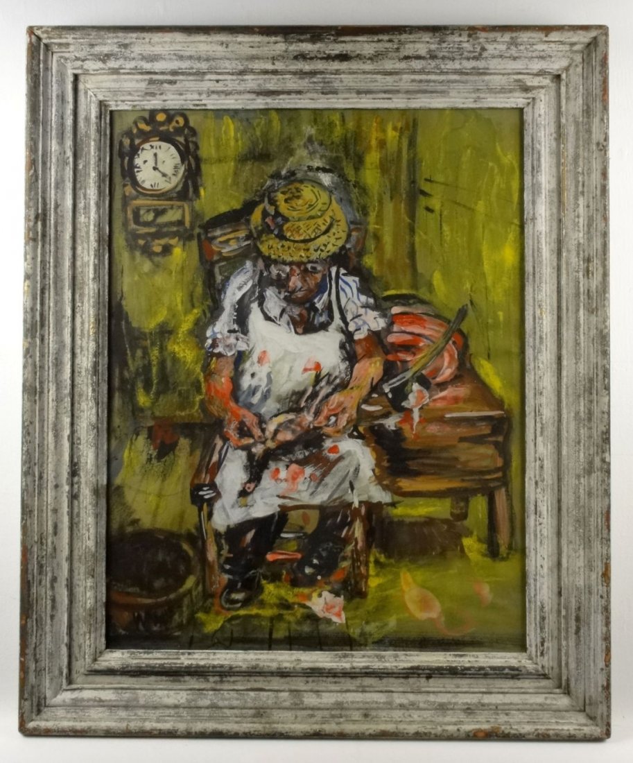 Benjamin Katcoff Gouache Painting " Chicken Picker" WPA: Brightly colored 1930's gouache on paper by listed WPA artist Benjamin Katcoff. Exhibition label on back. sight 22 5/8 inches by 17 1/2 inches ( 57.6 cm x 44.45 cm )frame 29 1/4 inches by 24 inches ( 