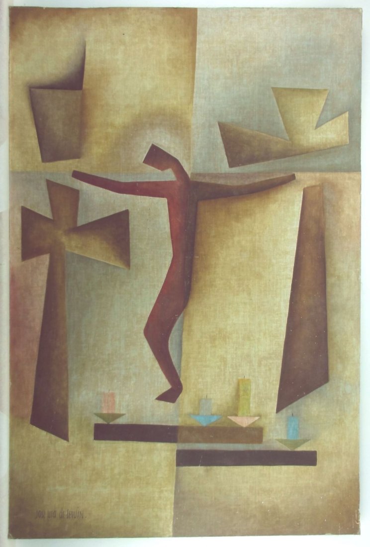 Jose Maria de Servin Painting Abstract Christ: Mexican artist Jose Maria de Servin ( 1917-1993 ) painted this powerful abstraction of the crucified Christ, oil on a large canvas panel, circa 1950's or 60's. Height