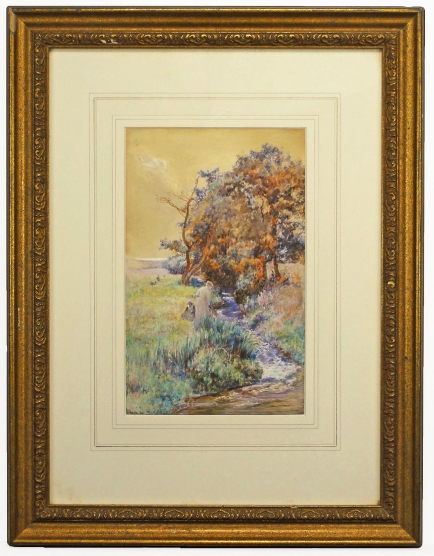 Thomas Gilbert White 1899 Rhode Island Watercolor: Fine watercolor of a lady collecting flowers along a Rhode Island stream. Signed lower left T. White RI /99White was a student of Twachtman during the period he did this watercolor.Sight 10 inches by