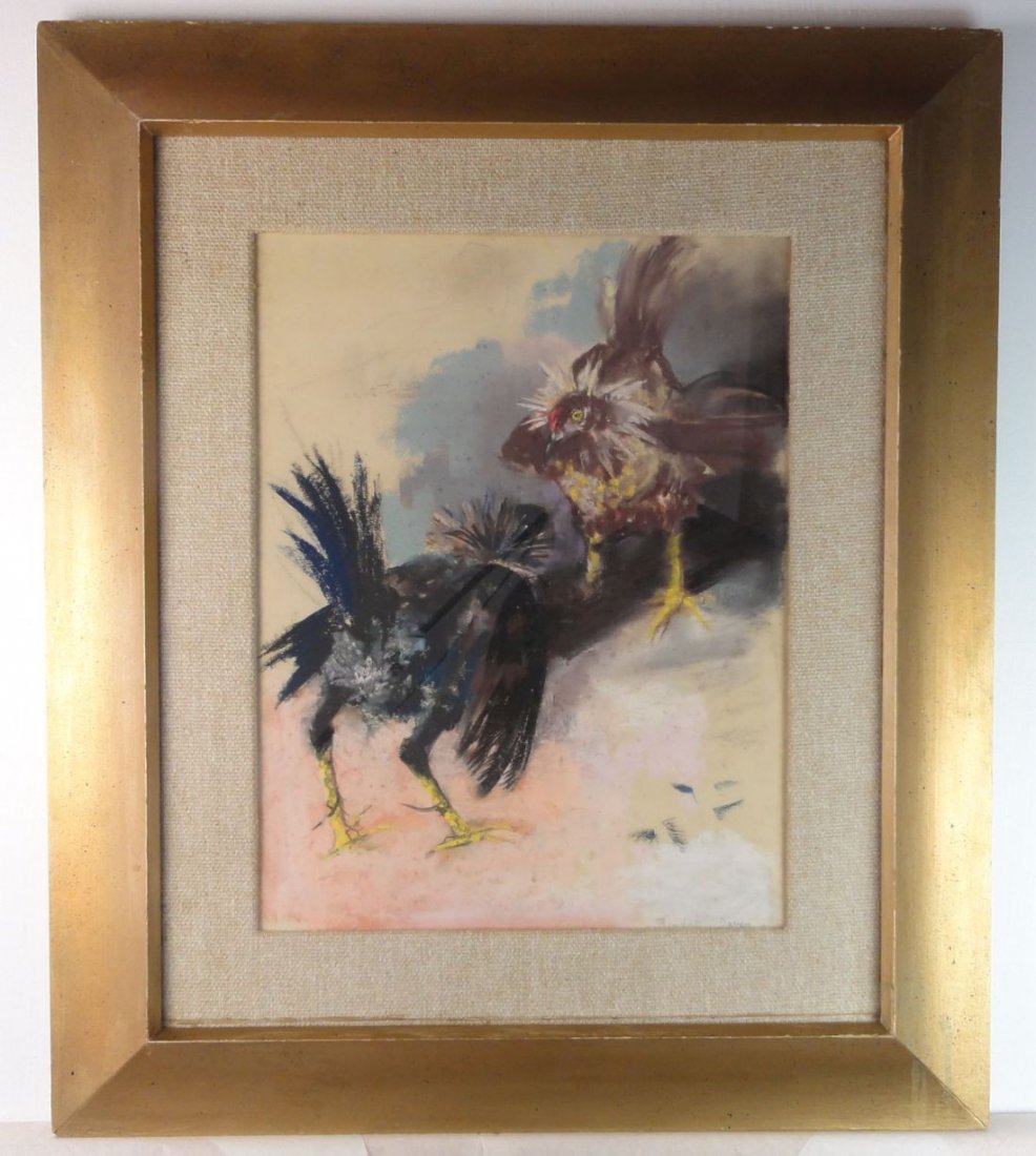 Randall Davey Cockfight Painting: This impressionist Randall Davey pastel was perhaps done in Cuba where Mr. Davey spent the greater part of 1917. This work came from a local estate whose owner collected Davey when she had a home in S