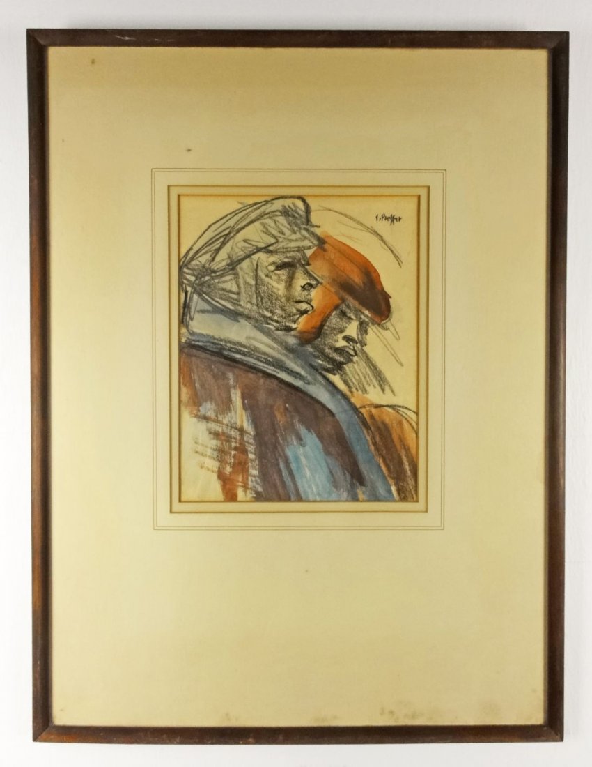 Joseph Presser Watercolor and Graphite Drawing: WPA artist Joseph Presser ( 1907-1967 ) did this graphite and watercolor study of two men in the 1930's or 40's.sight: 9 1/4 inches x 7 1/4 inches