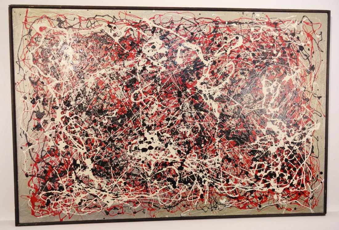 Mid Century Modern Jackson Pollock Style Drip Painting: Brilliant and beautiful mid century modern drip painting in the style of Jackson Pollock, unsigned. Features red white and black splatters on a grey background. Height 24 5/8 Inches (62.5 cm) Width 36