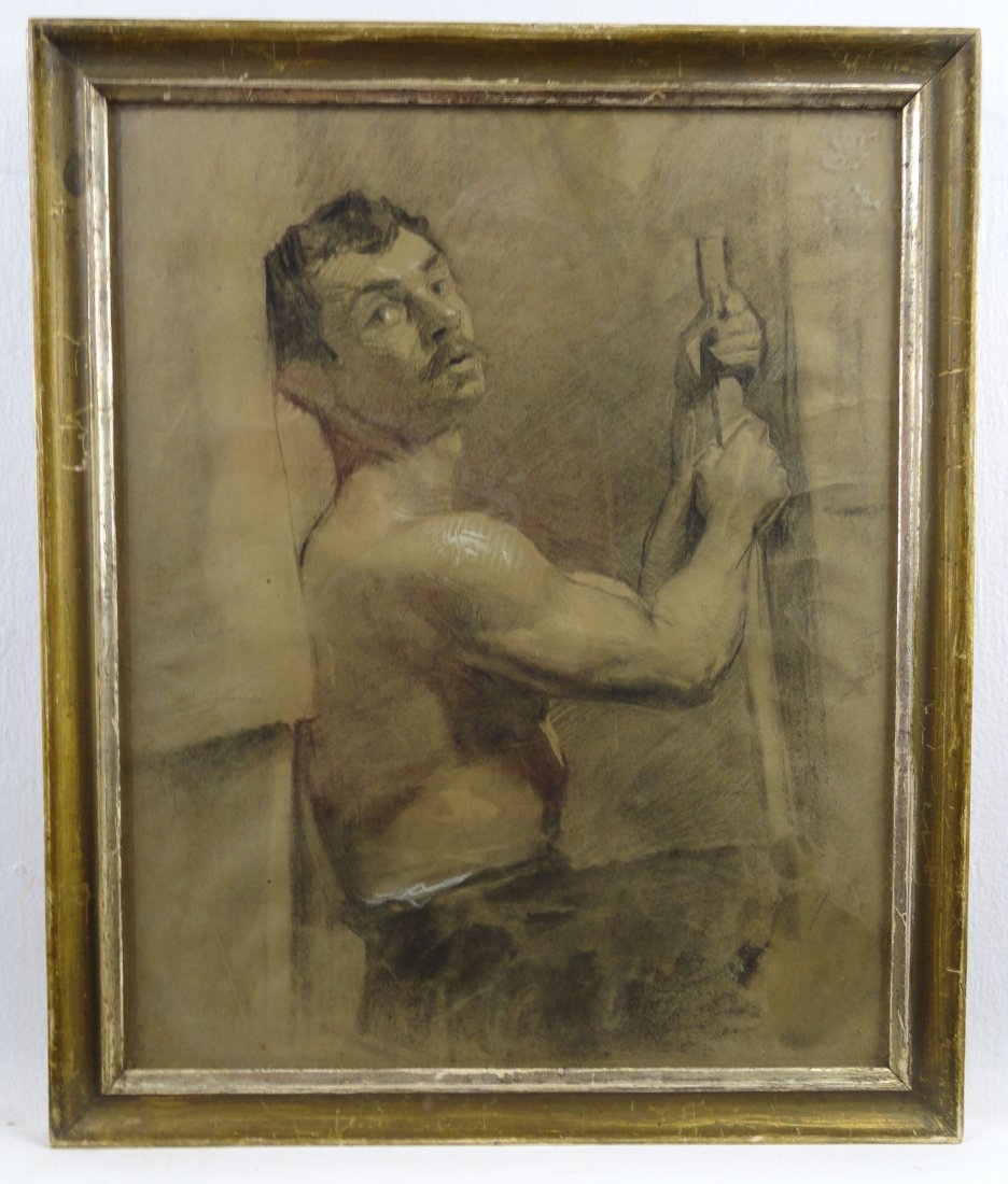 Pencil Drawing of a Man P A Schou 1844-1914 Danish: Well done pencil drawing of a laborer leaning against a building done in pencil or charcoal, the back is labeled in blue ink P A Schou 1844-1914. Sight height 15 Inches (38.0 cm) Sight Width 12 1/4 In