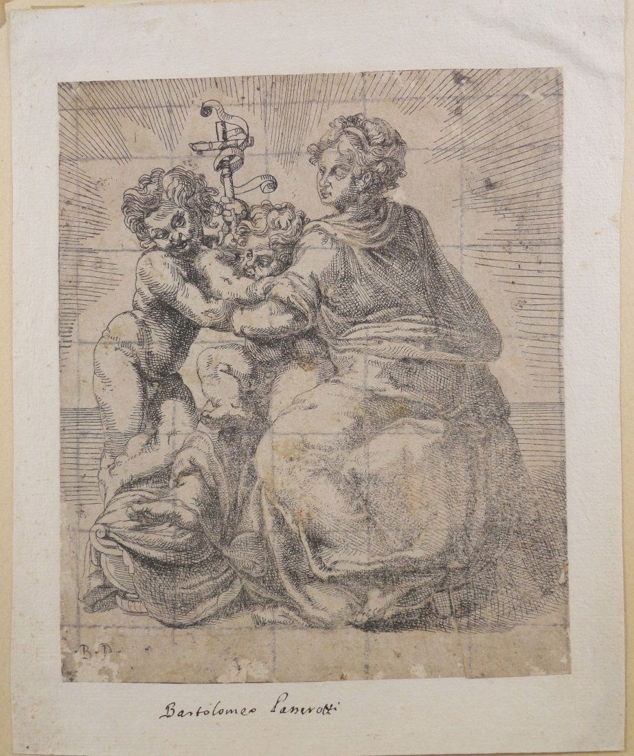 Bartolomeo Passaratti Old Master Etching 1530-1592: Interesting Renaissance era etching signed Bartolomeo Passarotti, Bologne 1530-1592, entitled The Virgin and Child with the Young St. John. The etching is signed with initals B P in the etching, and s