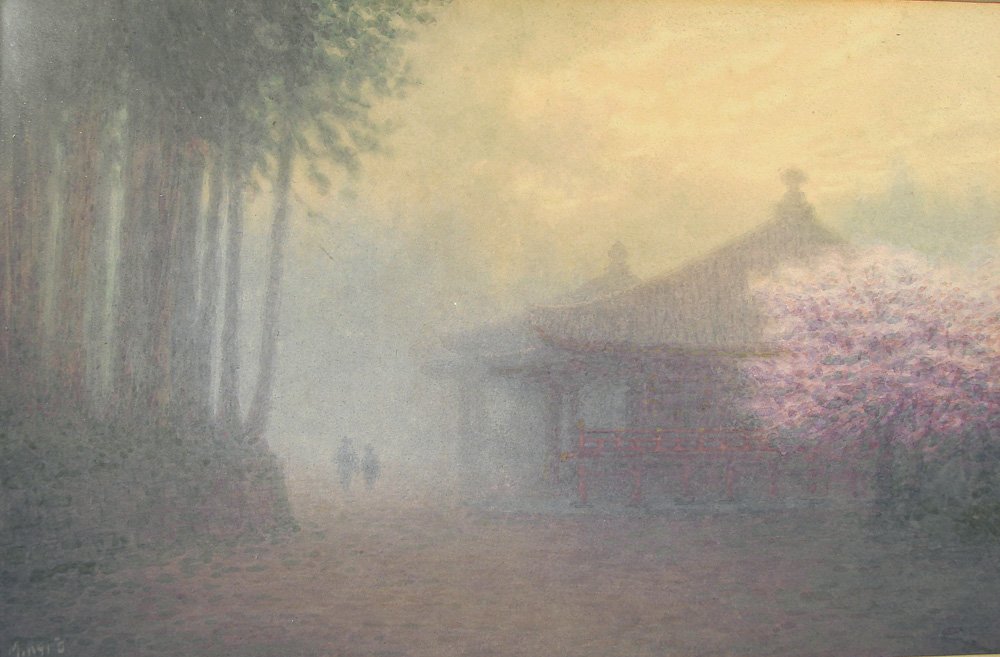 Japanese Watercolor Foggy Scene Cherry Blossoms M Kano: Beautiful impressionist Japanese watercolor done in a western style. A serene foggy view of an often painted Japanese locale; signed M. Kano in the lower left and bears the stamp from a Manhattan Gall