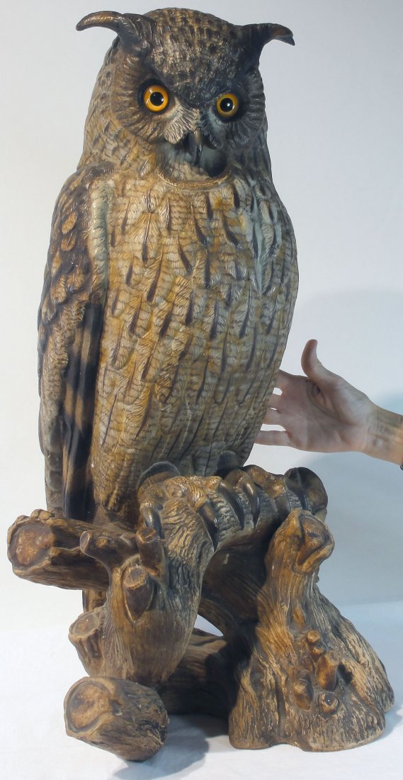 Large Austrian Cold Painted Terracotta Eagle Owl: Very large, impressive and finely painted antique Austrian, cold painted, terracotta model of an Eagle Owl, with glass eyes,19th or early 20th century. Height: 24 ¼ Inches (61.6 cm) Width 13 Inches (