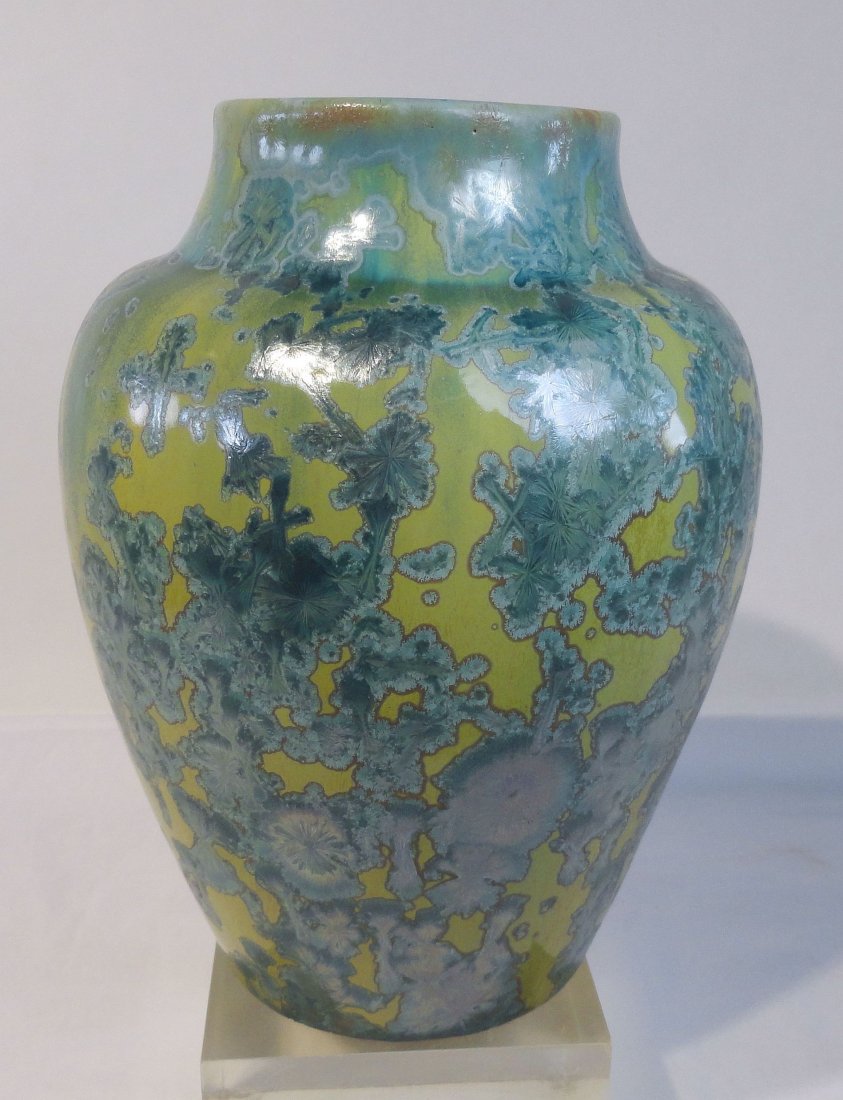 Striking Pierrefonds Crystalline Glaze Vase Signed: Stunningly glazed Crystalline Pierrefonds vase with beautiful teal crystalline structure over a vivid yellow-green background. The vase is signed on the bottom with an impressed Pierrefonds mark and a