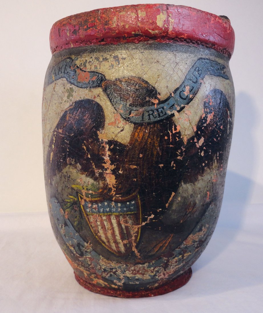 Antique 19th Century Hamilton Fire Club Leather Bucket: Well painted and rare antique 19th century leather Fire Bucket, the bucket is decorated with an eagle holding a shield and a bunch of arrows grasping a ribbon that reads Hamilton Fire Club, underneath