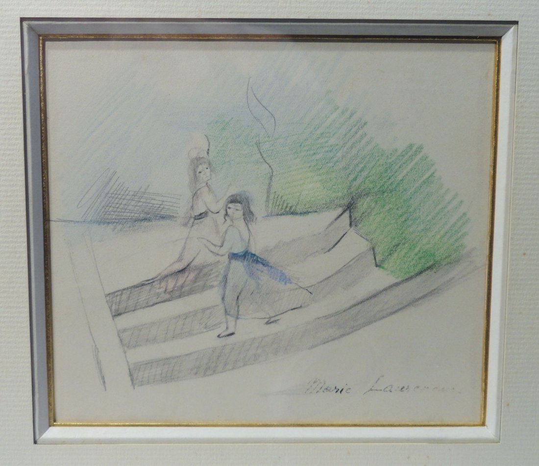 Marie Laurencin Sketch of Two Women in Pencil Signed: Lovely signed Marie Laurencin colored pencil sketch of two young women dancing in a park setting, the sketch is signed in ink in the lower right, and is also signed Marie Laurencin in pencil on the ba