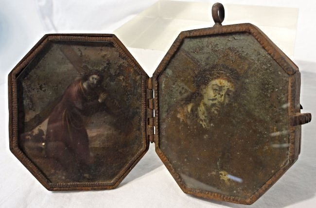 Spanish Colonial Reliquary Religious Relic Paintings: Antique Spanish colonial Reliquary featuring 4 old master painted panels on tin of religious scenes, held in a cast iron case. Height 3 Â½ Inches (8.9 cm) Width 3 Inches (7.7 cm)
