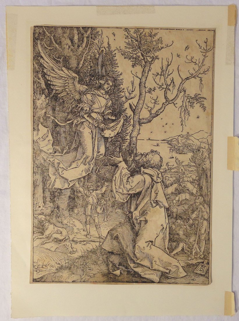 Albrecht Durer German 1471-1528 Woodcut Angel & Joachim: Antique woodcut engraving done by Albrecht Durer (German 1471-1528), of an Angel bringing a message to Joachim, monogrammed in the lower right hand corner. Early 16th century. Height 11 7/8 Inches (30