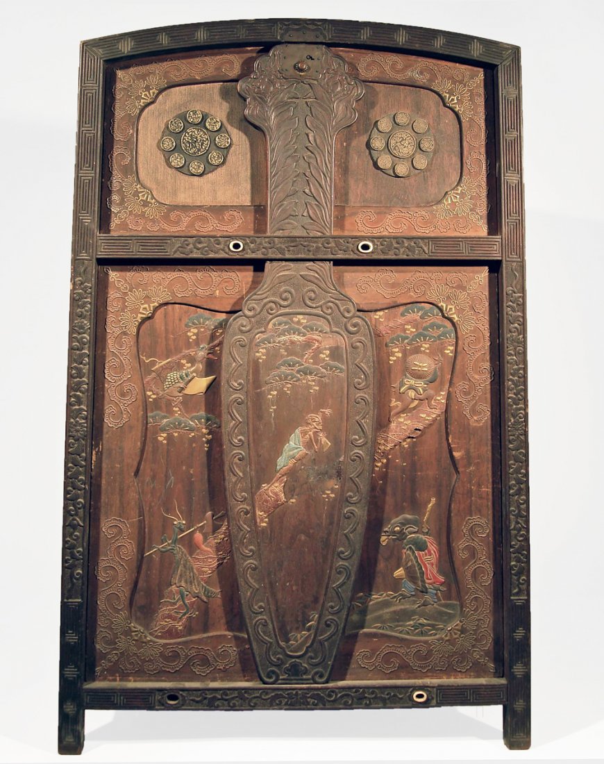 19th C Antique Japanese Lacquer Traveling Priest Chest: Exceeding rare portable chest with fantastic lacquer decoration of anthropomorphic folk characters. Very lightweight, expertly crafted softwood box with two compartments closed off and secured by four