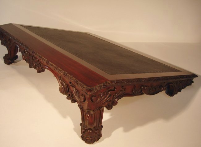 Large Chippendale Mahogany Writing Slope Bookstand: This is by far the finest, tabletop, bookstand or writing slope I have ever handled. Carved from fine mahogany in a mid eighteenth century rococo style, with ribbon and flower carved margins over high
