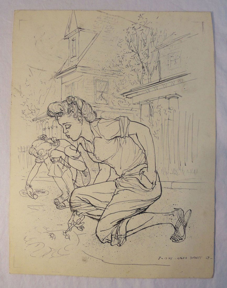 Calvin Waller Burnett African American Artist Pen & Ink: Original Pen and Ink on paper done by African American artist and art educator, Calvin Waller Burnett (1921-2007), the picture is entitled “Pavement Painters” and is signed in Ink Calvin Burnett o