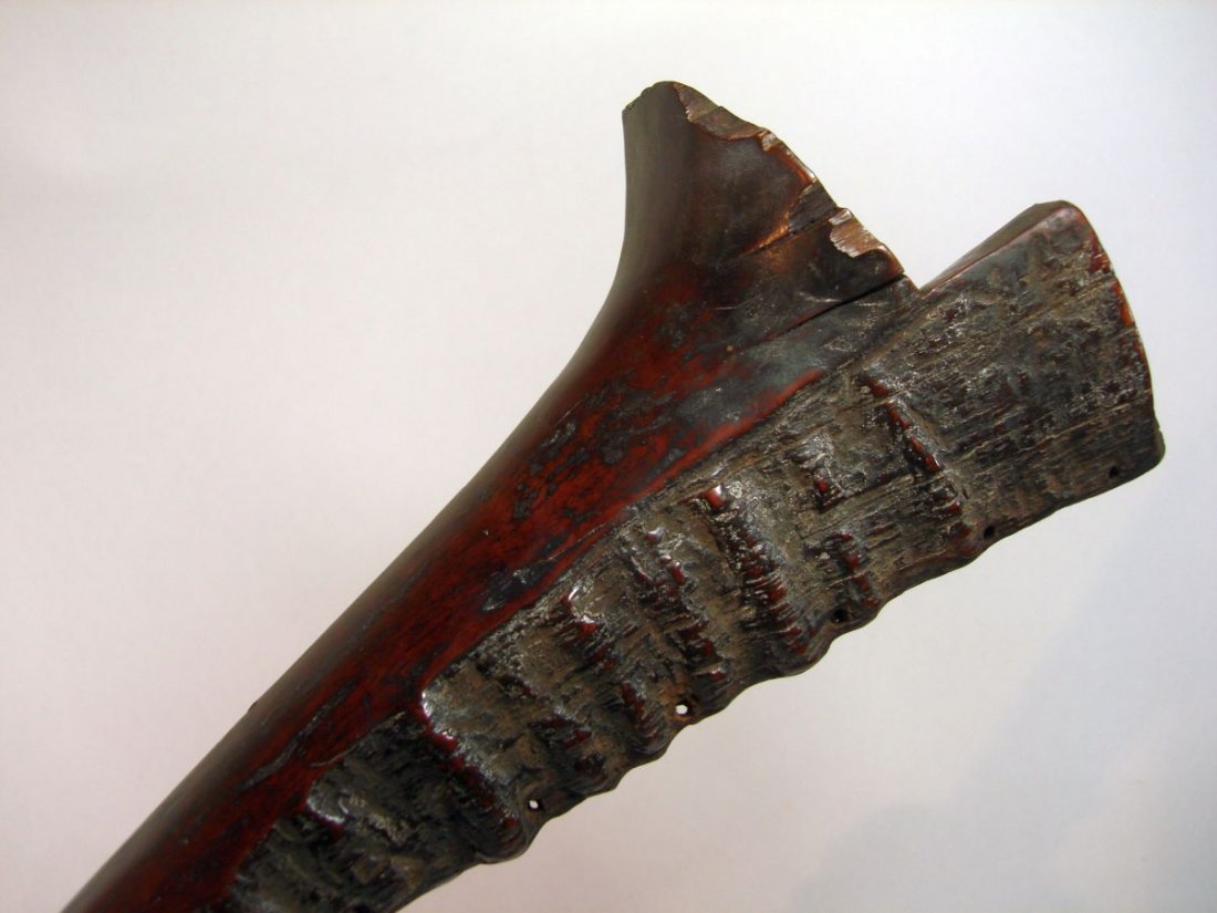 19th Century Fiji Fighting Club Gata Oceanic Weapon: Beautifully patinated, 19th Century Fijian, heavy hardwood Gata. Thirteen holes drilled along margins of cutting edge and top. This fine oceanic weapon came from the large and diverse estate collectio