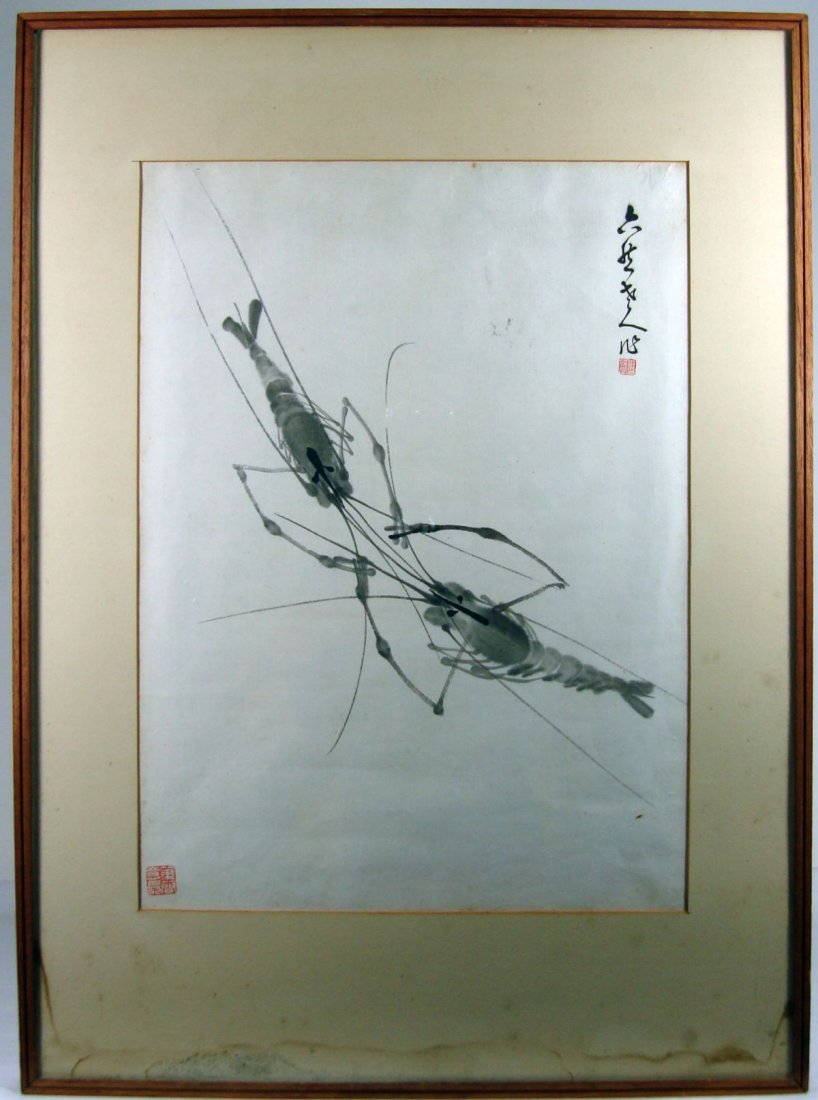 Chinese Watercolor of Two Crayfish Artist Signed / Seal: This boldly painted Chinese watercolor/ink painting depicts two crayfish courting or fighting. It is signed prominently upper right and has a red seal lower left. Framing suggests1940's-1960's.Height 