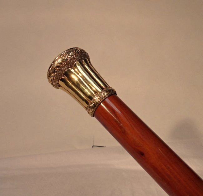 1863 Civil War Gold Presentation Cane: Important, oversized, cane with a carved gold head inscribed " Presented to Colonel W. G. Welch by the Employees of Coms. Gen Department June 1st 1863".Beautiful clear original finish on a cherry wood