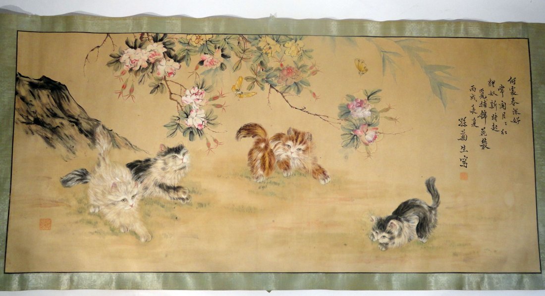 20th Century Chinese Scroll Painting of Cats Signed: Early to mid 20th century, or late Qing dynasty, scroll painting of kittens chasing butterflies in a beautiful garden with flowering trees The painting is signed with an inscription on the right side 