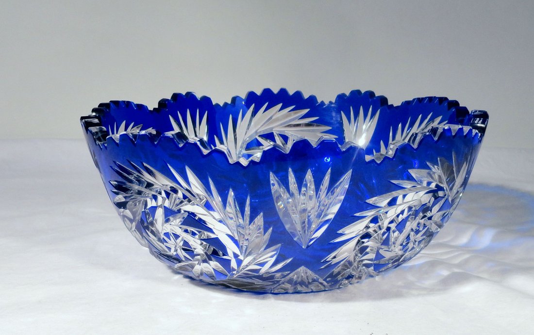 Signed Hawkes American Blue Cut To Clear Cut Glass Bowl: Fine Hawkes American cut glass bowl; blue cut to clear pinwheels with an etched Hawkes mark on bottom. Hawkes was located in Corning, New York and often used blanks from the Corning Glass Works. Very 