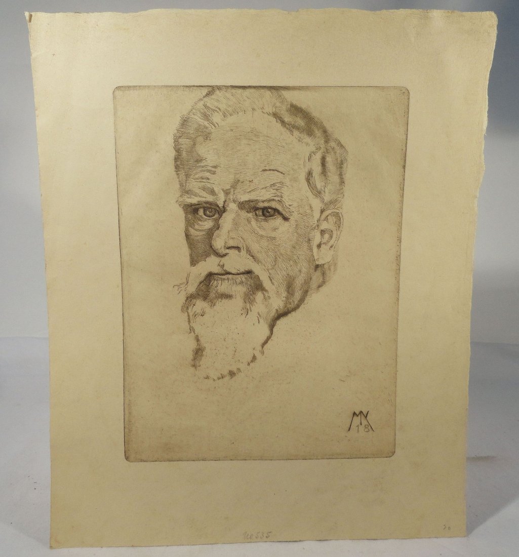 Max Klinger Self Portrait Etching Signed in Plate: Max Klinger signed, self portrait etching signed in the plate with his monogrammed initials M K, and 18 for the year 1918. The etching appears to be from a collection and is labeled no 535 center bott