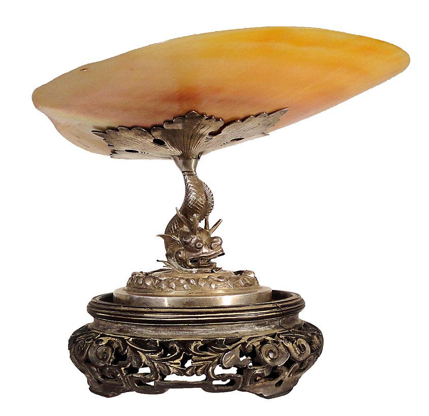 Chinese Export Wang Hing Silver Shell Mother of Pearl: Chinese export,signed Wang Hing & Co. silver tazza with an abalone top. The signed silver base is in the form of a dragon, it's tail supporting the shell top sitting on a base with shells, lobster, an