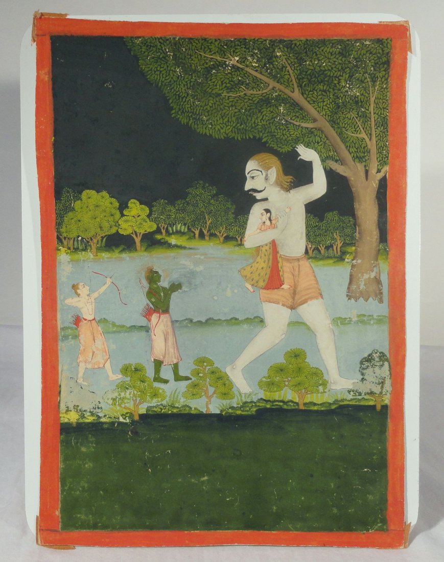 19th C Indian Mughal Painting Giant Stealing a Beauty: Interesting antique, finely painted, Indian miniature gouache on paper featuring a giant stealing a young beauty, and being pursued by a green deity and another archer. The painting is done in the Mug