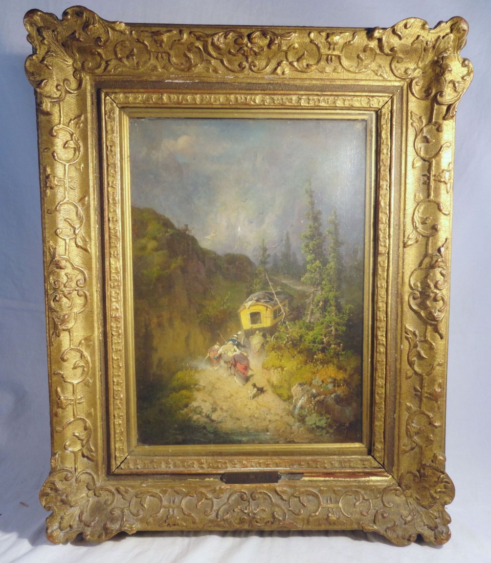 Philipp Sporrer Alpine Mail Coach Oil on Canvas German: Fine and amusing oil painting on canvas done by Philipp Sporrer (1829-1899). The portly passengers on an Alpine mail coach have had to disembark and push to get the coach over the crest. Signed with h