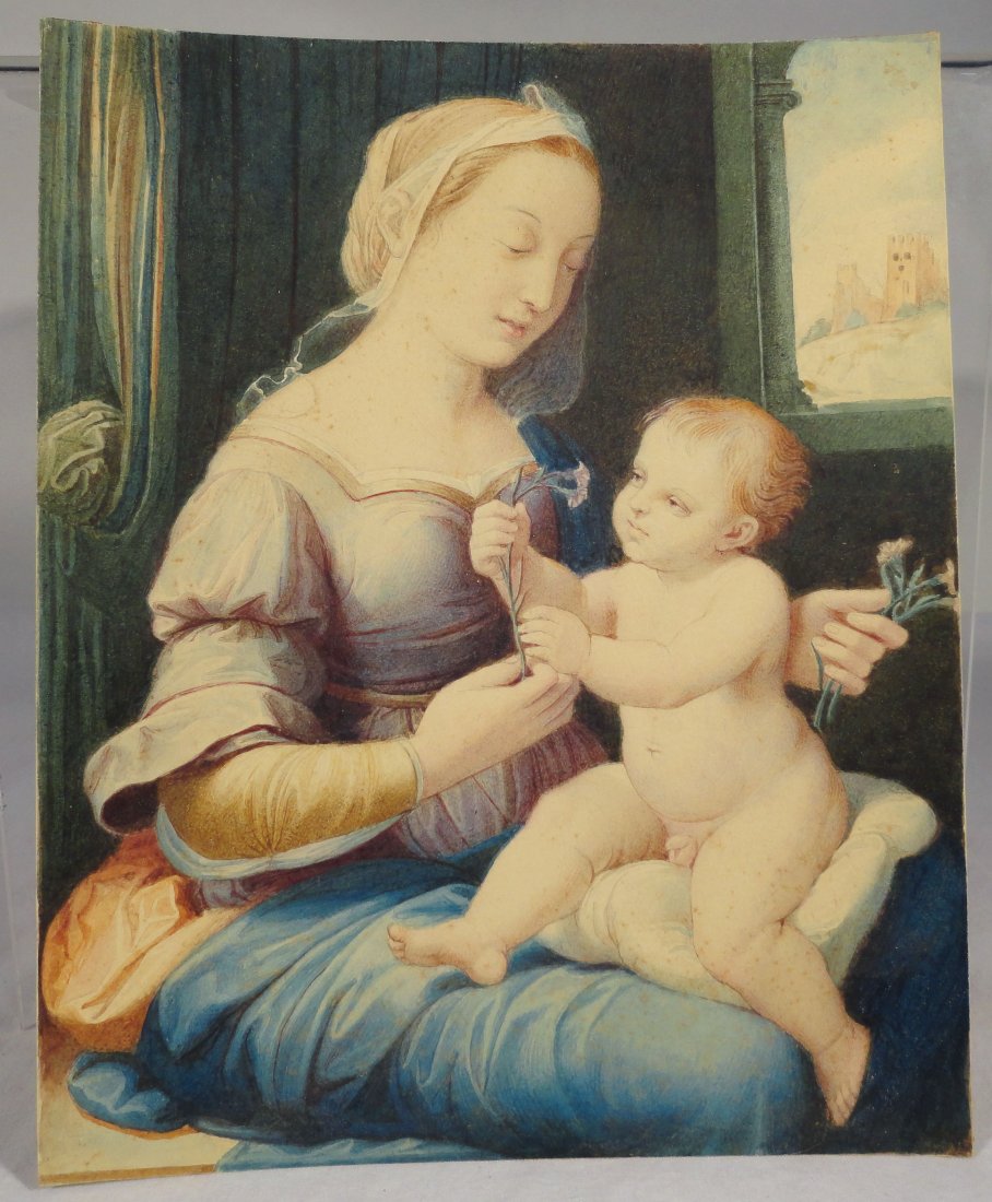 Illegibly Signed Watercolor Madonna Child after Raphael: Finely painted watercolor painting on paper after Raffaello Sanzio da Urbino's Madonna of the Pinks. The gouache is labeled Raffaello Della galleria Communia Roma in pencil, and signed illegibly in th