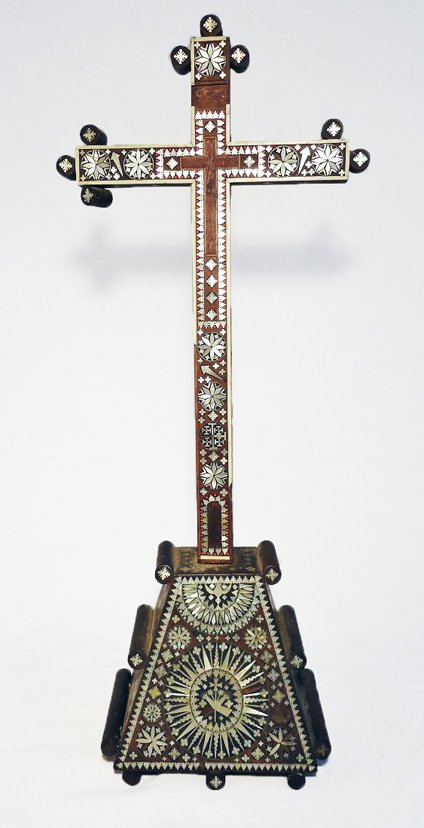 Jerusalem Olivewood Mother of Pearl Reliquary Crucifix: Fine olivewood and abalone inlaid reliquary cross made for Christian pilgrims to Jerusalem. The piece is finely inlaid with mother of pearl in olive wood, with some bone borders on the cross. The piec