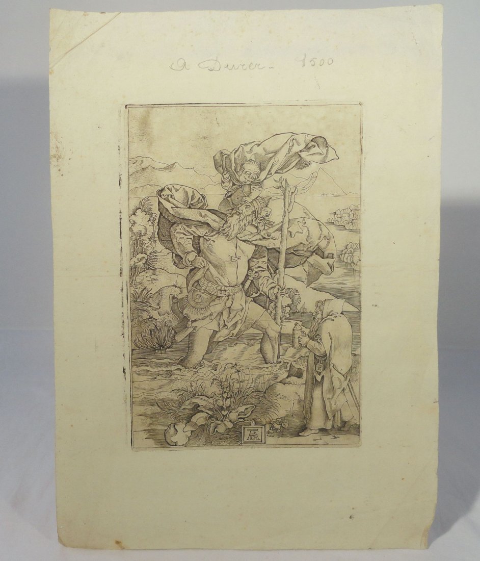 Marcantonio Raimondi After Albrecht Durer Engraving: Fine woodblock engraving probably by Marcantonio Raimondi after Albrecht Durer entitled St. Christopher in the Wilderness with a Flight of Birds. The woodcut is done on laid paper with a watermark of 