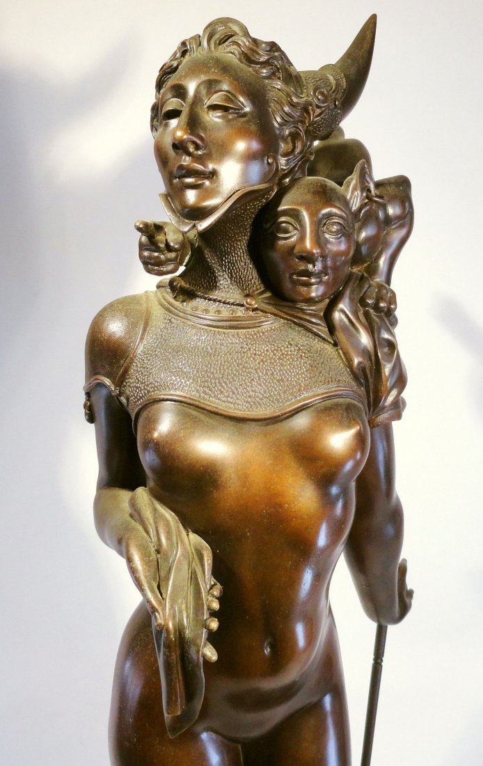 Fine Large Bronze “Stalking” by Michael Parkes: Very finely cast bronze figure of devilish female and her feline/male conspirator. Titled “Stalking” by American contemporary artist Michael Parkes. The casting and finishing of this sexy bronze i