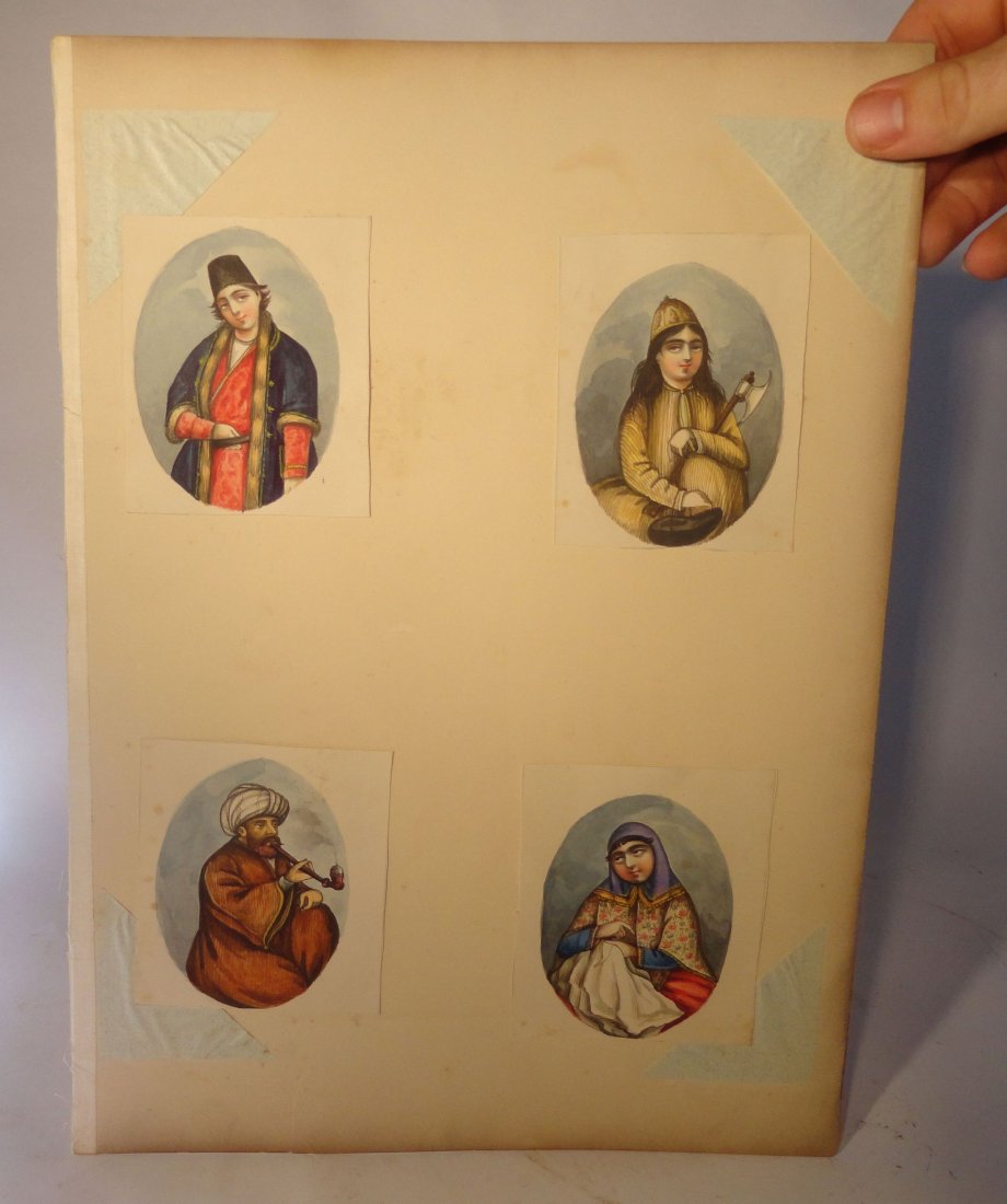 Set of 4 Turkish Persian Indian Miniature Paintings: Set of four Turkish or Persian miniature paintings mounted on a page, the four watercolor painting depict one man in fine dress, another holding an axe, a third smoking a pipe, and a Woman in formal c