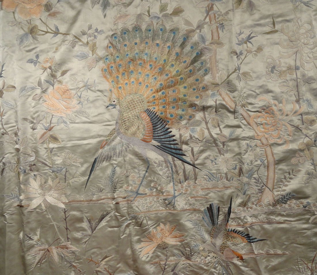 Chinese or Japanese Silk Embroidery Bed Cover Peacock: Very Large and finely embroidered Chinese or Japanese Silk bedcover, the large bed cover has a large central Peacock amongst chrysanthemums and peonies, along with other birds including flying cranes.