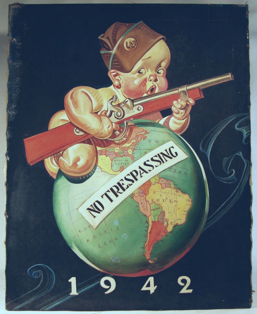 Oil on Canvas Illustration Art Militant American Baby: Oil on canvas illustration of worried baby charged with protecting the western world with a pop gun. Mostly out of uniform, this American baby probably references a lack of preparation for America's a