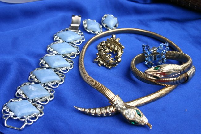 Vintage Coro Lot Plus Bracelet: 5 Signed Coro plus 1 unsigned snake bracelet, necklace is a book piece, all 5 coro signed