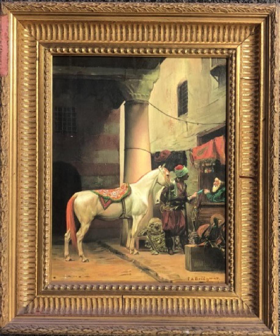 FREDERICK ARTHUR BRIDGMAN OIL ON CANVAS V$2,500: "Arab Purchasing a Bridle"/near mint or mint condition./signed "F.A. Bridgman" "A STUDENT OF JEAN-LEON GEROME)/19.25 inches high and 16.25 inches wide including the frame. The composition is roughly 1