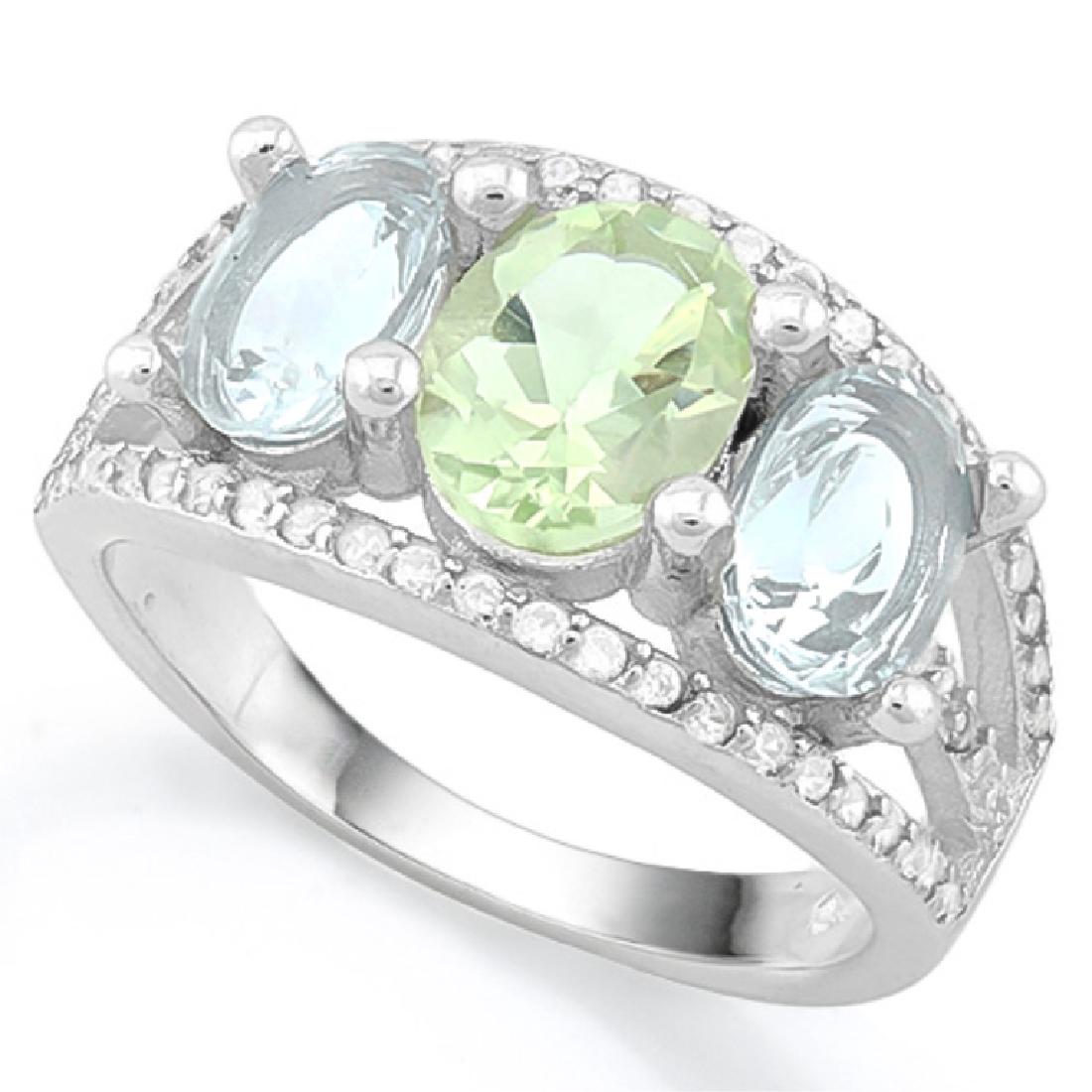 UNIQUE GREEN AMETHYST/AQUAMARINE 3 STONE RING (1 of 1)