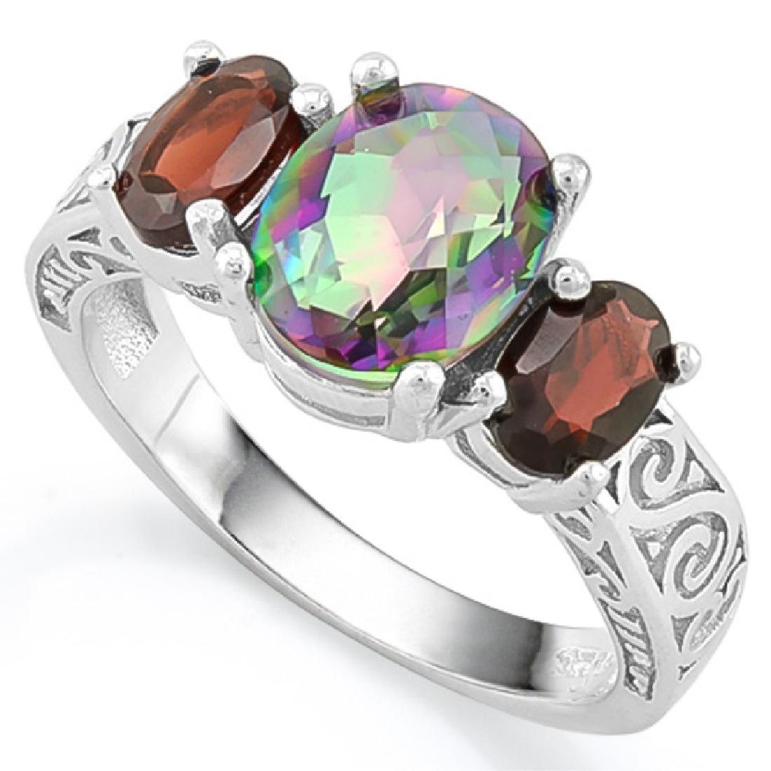SPECTACULAR MYSTIC TOPAZ/GARNET FILIGREE RING: STERLING SILVER SIZE 8/SPECTACULAR MYSTIC TOPAZ/GARNET FILIGREE RING