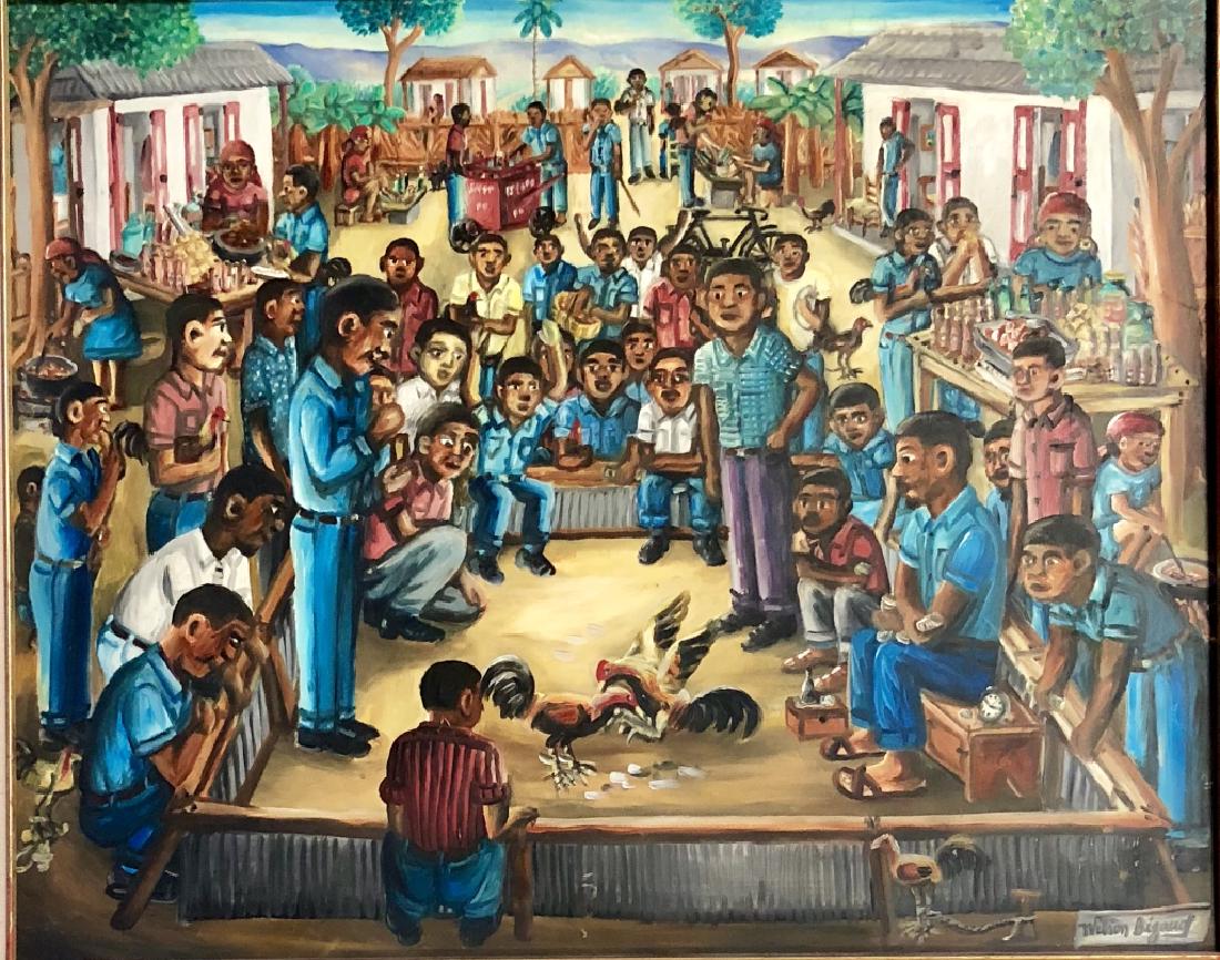WILSON BIGAUD HAITIAN FOLK ART ON CANVAS V$3,000: WILSON BIGAUD HAITIAN FOLK ART ON CANVAS V$3,000 /ear mint or mint condition/32 inches high and 38 inches wide including the frame. The composition is roughly 23.5 inches high and 29.5 inches wide./si