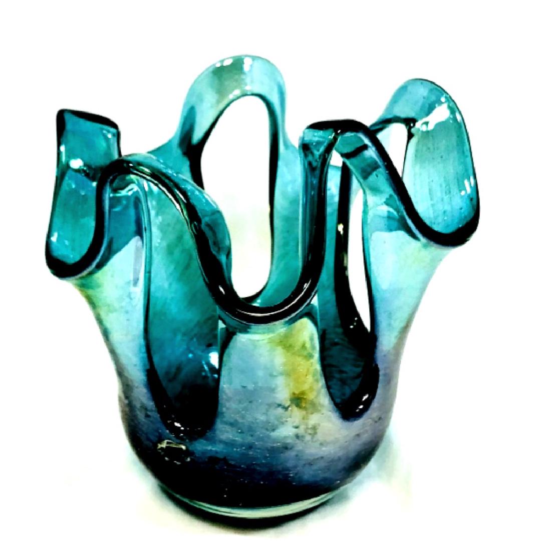BEAUTIFUL SMALL GOLD SWIRL TEAL MURANO HOLES VASE (1 of 1)