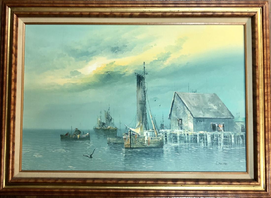 "L. THOMAS" SIGNED OIL ON CANVAS HARBOR PAINTING