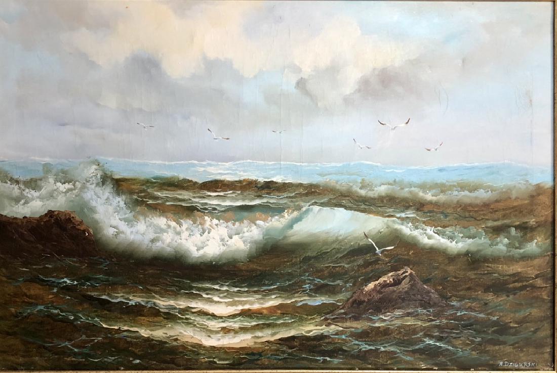 ALEXANDER DZIGURSKI OIL ON CANVAS SEASCAPE V$4,700: The composition is roughly 23.5 inches high and 35.5 inches wide/SIGNED BY: Alexander Dzigurski. TYPE OF SIGNATURE:Oil.