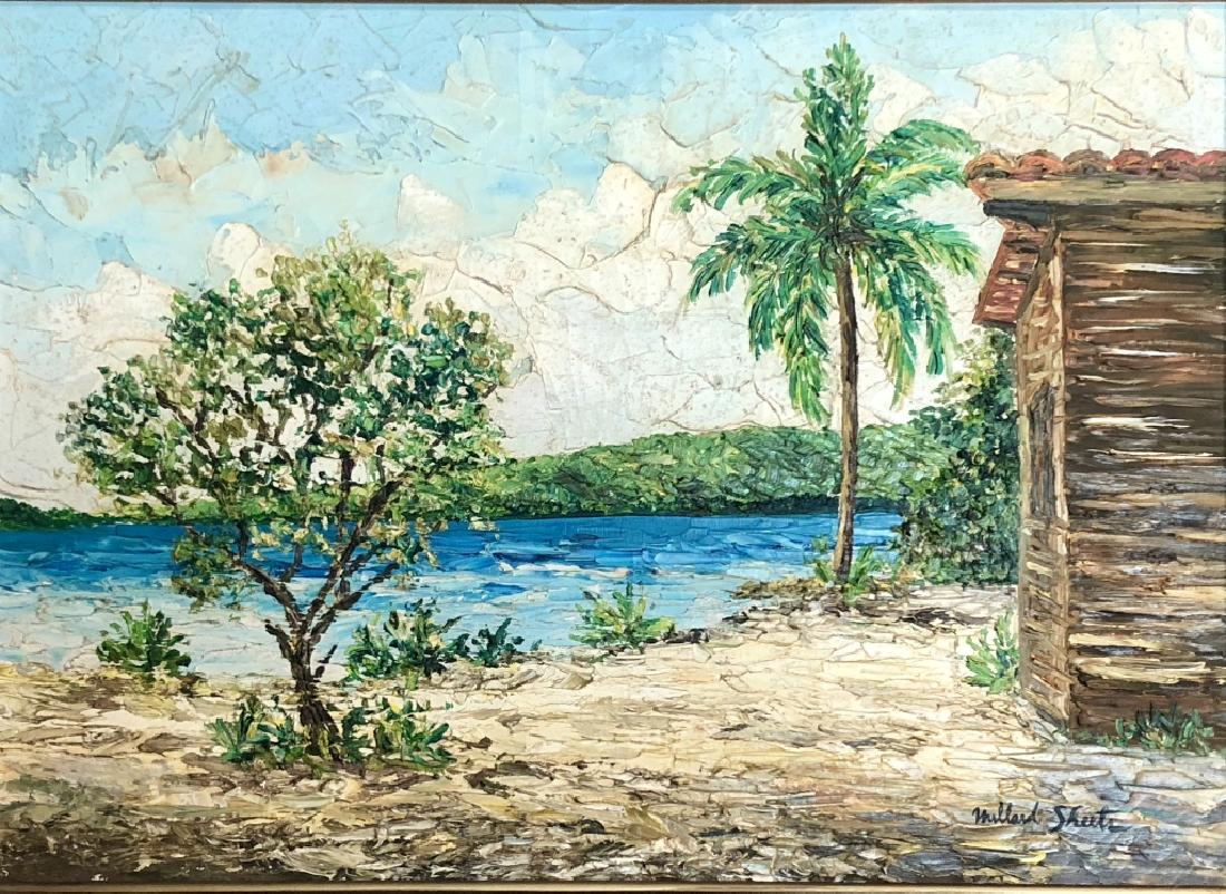 MILLARD SHEETS ACRYLIC ON CANVAS V$18,000: MILLARD SHEETS ACRYLIC ON CANVAS V$18,000 /The piece is 23 inches high and 31 inches wide. SIGNED BY: Millard Sheets TYPE OF SIGNATURE: Oil in the bottom right corner