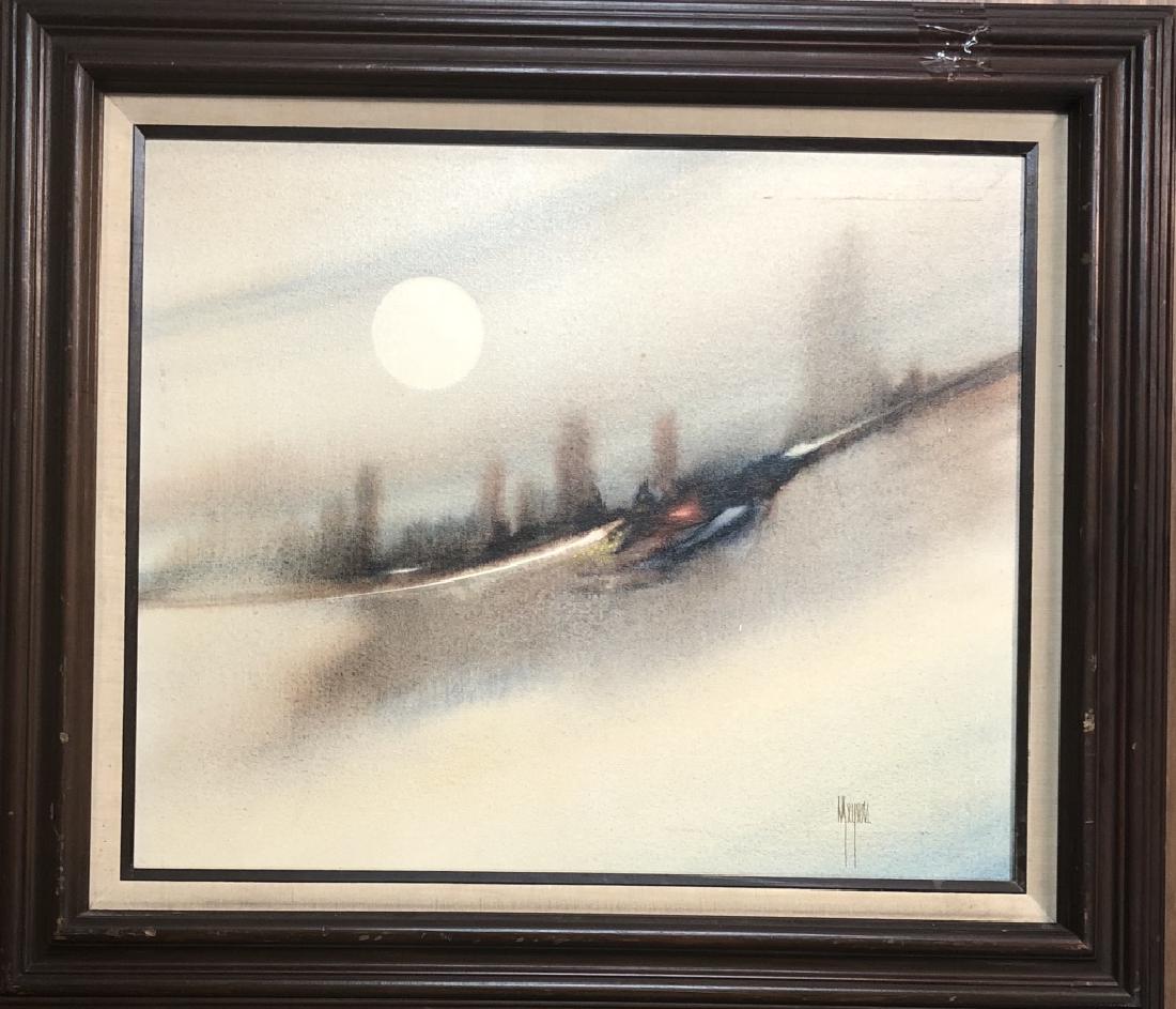 SIGNED "MEYERS" OIL ON CANVAS ABSTRACT PAINTING: 27"HX32"W FRAMED/MINT CONDITION