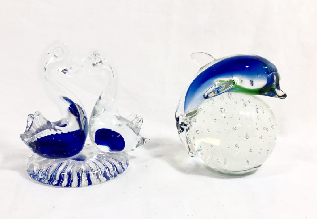 MURANO GLASS DOLPHIN AND DOUBLE SWAN SCULPTURE: 4"H EACH MINT CONDITION