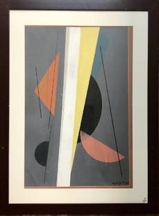 LAZIO MOHOLY-NAGY ABSTRACT GOACHE ON BOARD V$9,500: The piece is 39.5 inches high and 29.5 inches wide.SIGNED BY:Laszlo Moholy Nagy.TYPE OF SIGNATURE:Gouache in the bottom right corner./MINT CONDITION