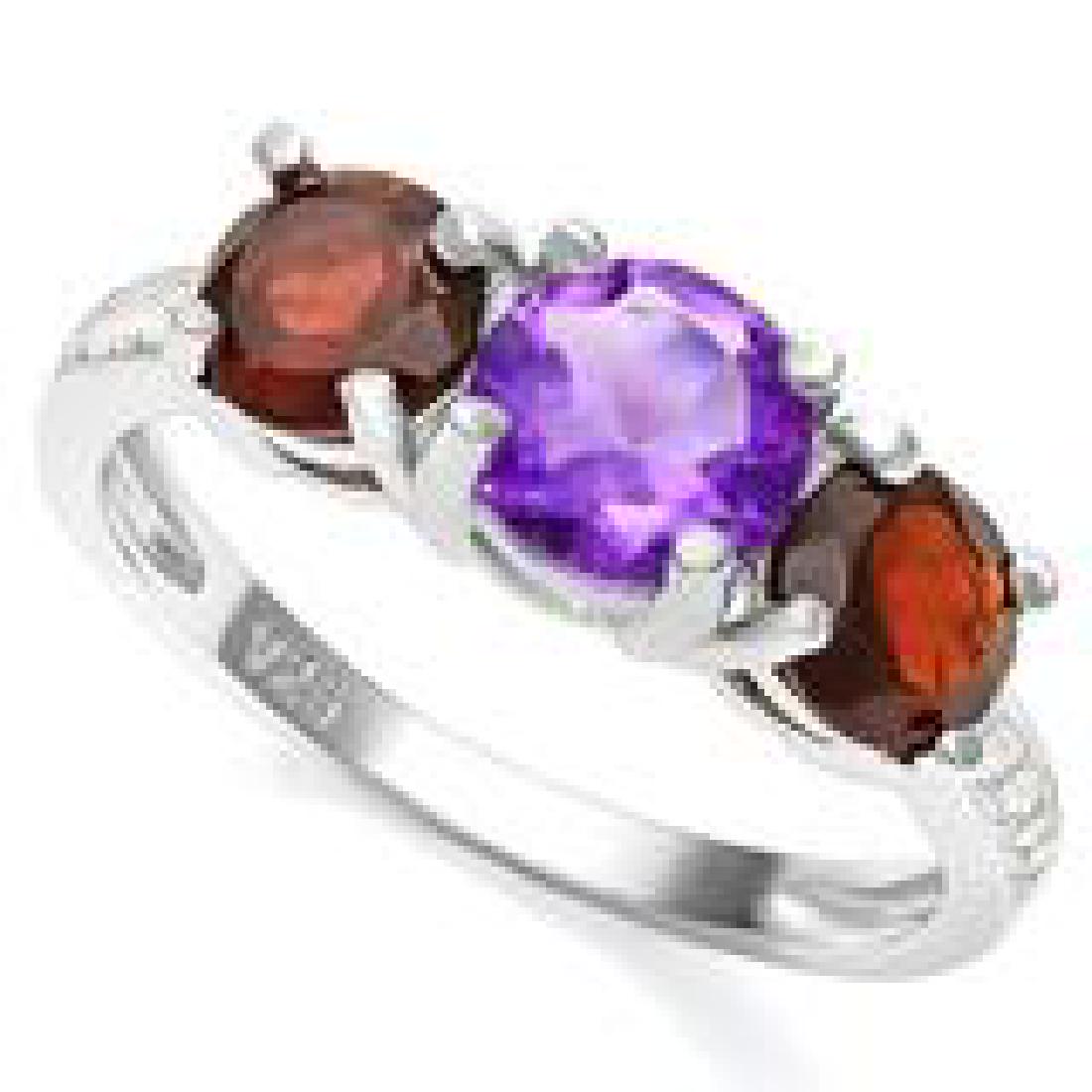 CLASSY LAVENDAR AMETHYST/RED GARNET TRIPLE RING: STERLING SILVER SIZE 7