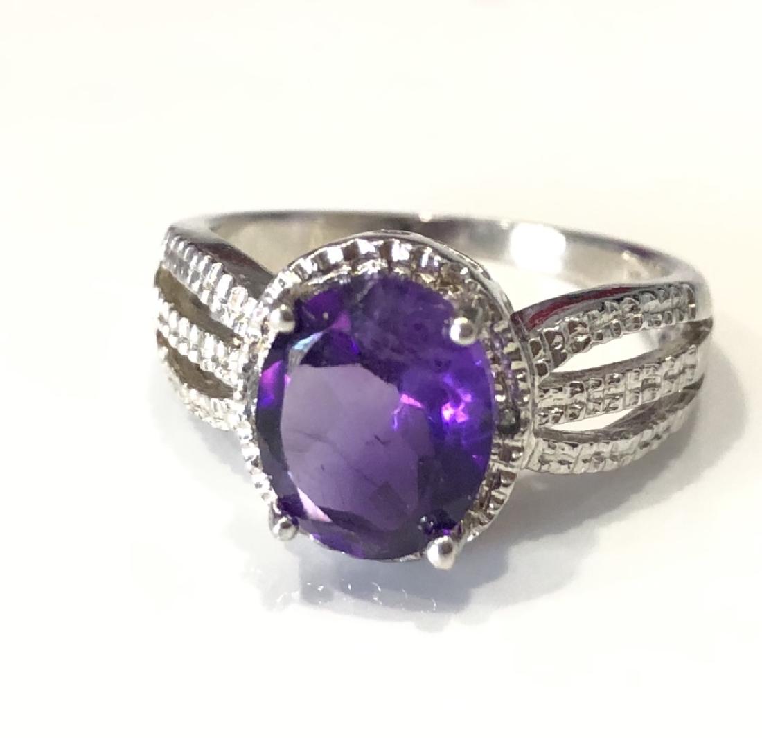 SUPERB 3CT OVAL FACETED AMETHYST STERLING SOLITAIRE: STERLING SILVER SIZE 8