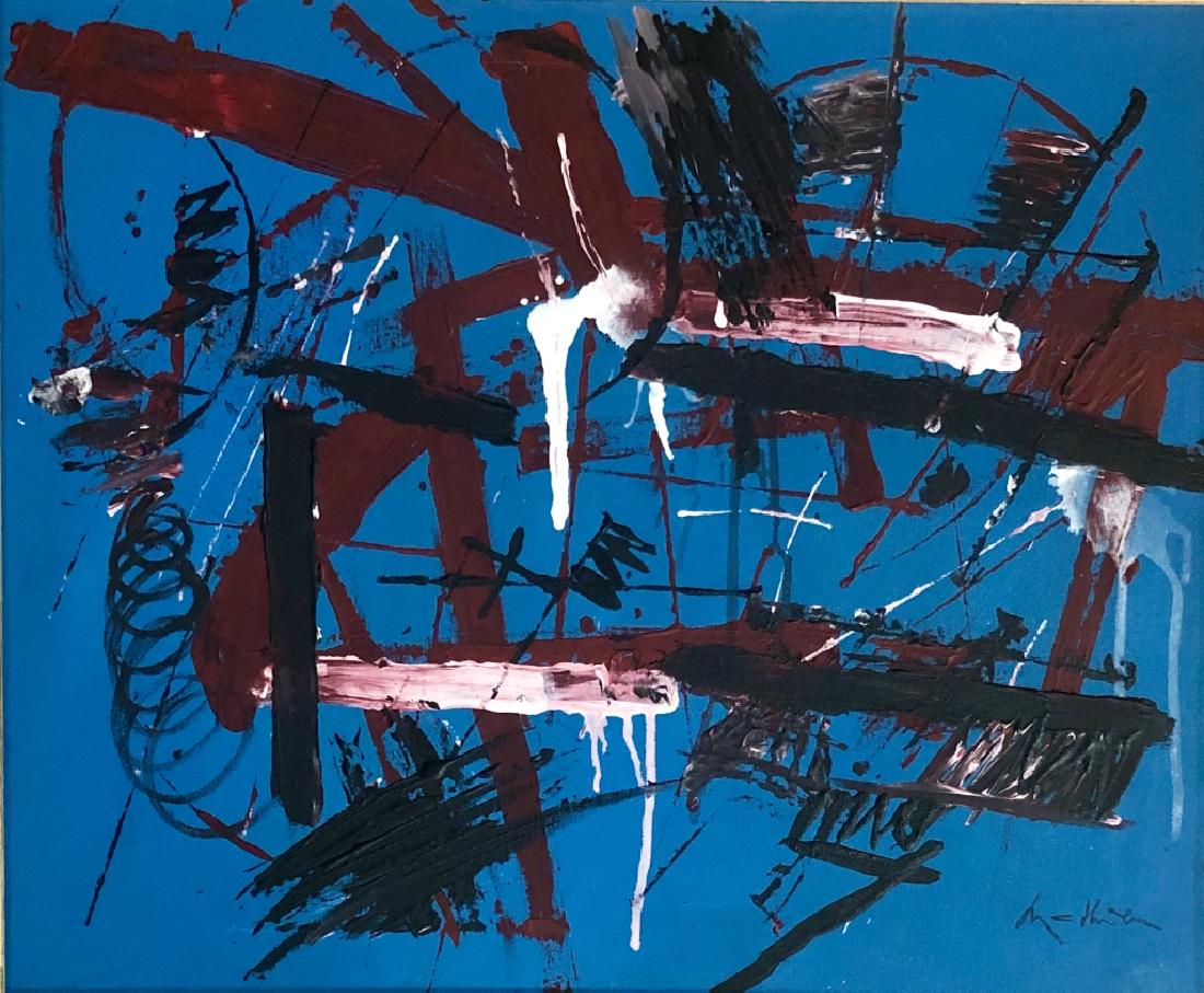 GEORGES MATHIEU ABSTRACT OIL ON CANVAS V$52,000: MEASUREMENTS: The piece is 24 inches high and 28 inches wide. In the style of: Georges Mathieu. TYPE OF SIGNATURE: Oil in the bottom right corner/MINT CONDITION, FRAME SHOWS AGE Please note: This work